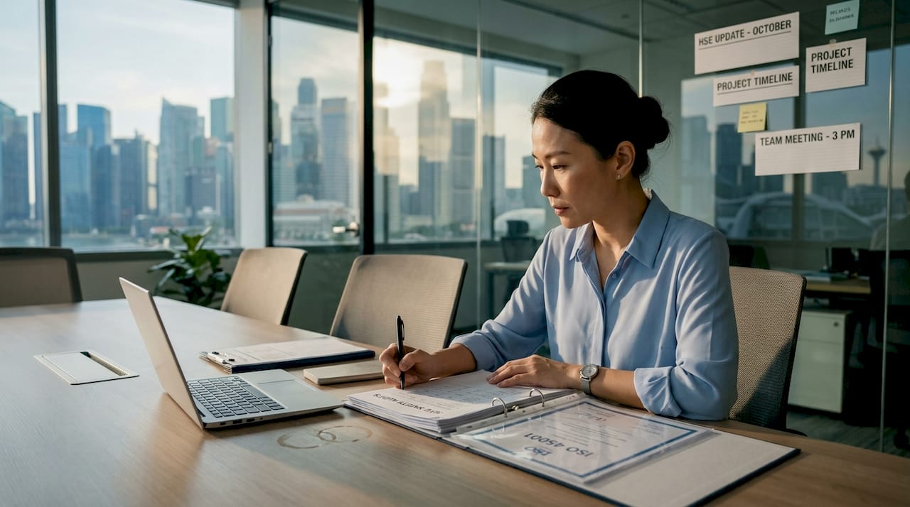 Coordinator checking safety documents in office