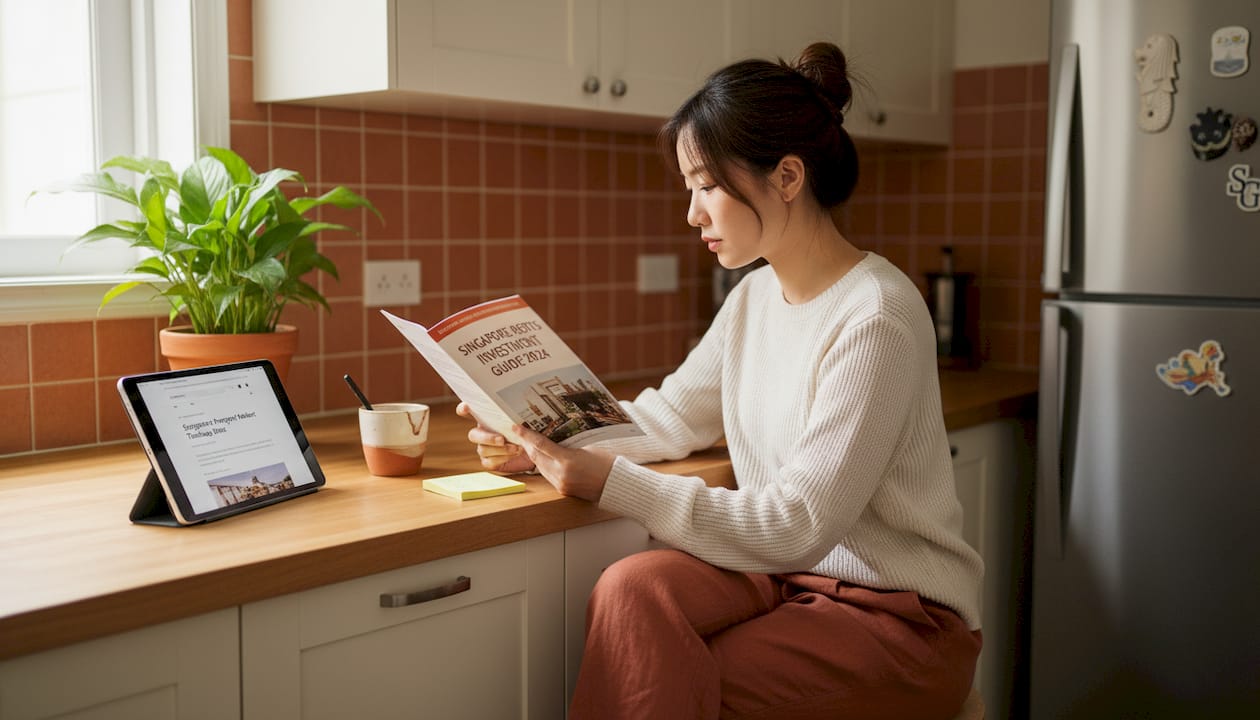Beginner investor reading REITs guide in kitchen