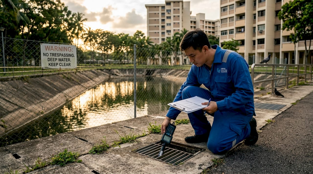 Main types of civil engineering projects in Singapore Worker inspecting stormwater pond in Singapore