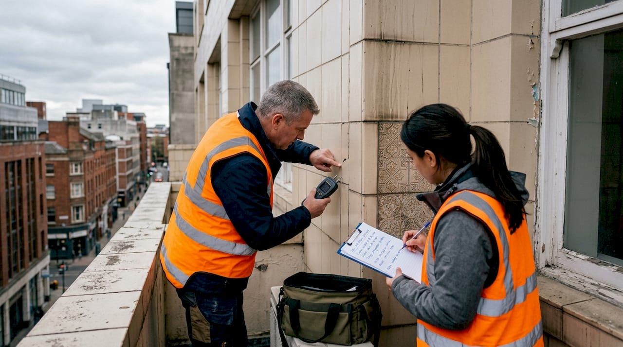 Inspectors examining commercial building facade