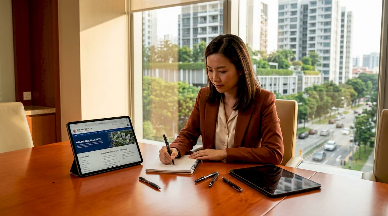 Professional checks URA master plan on tablet