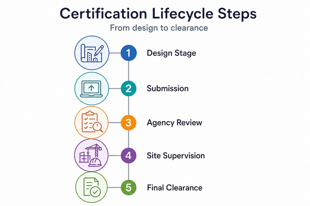 Infographic showing building certification lifecycle steps