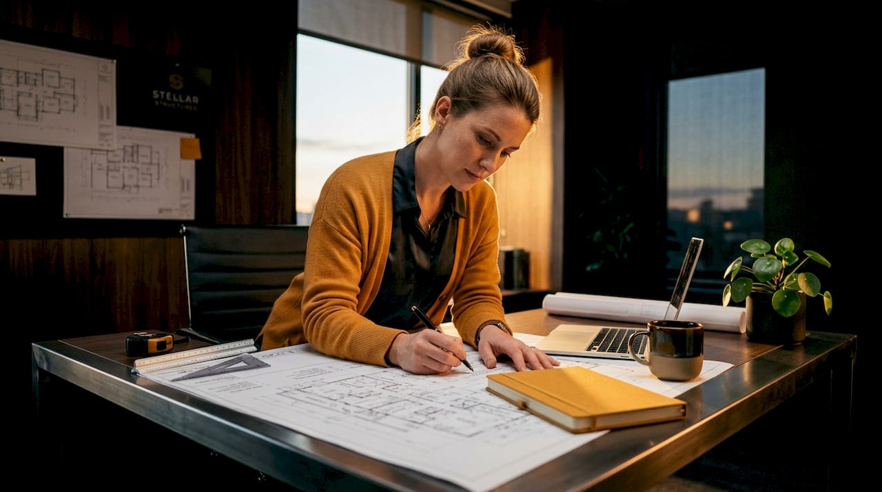 Engineer making notes on renovation plans