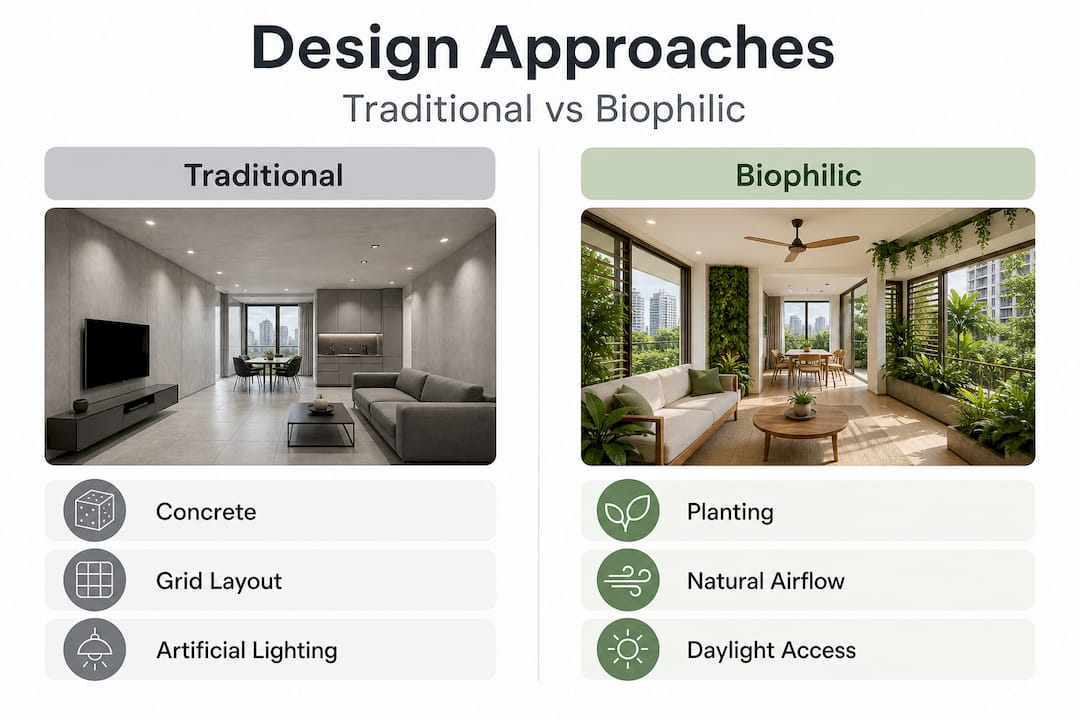 Traditional vs biophilic residential design infographic