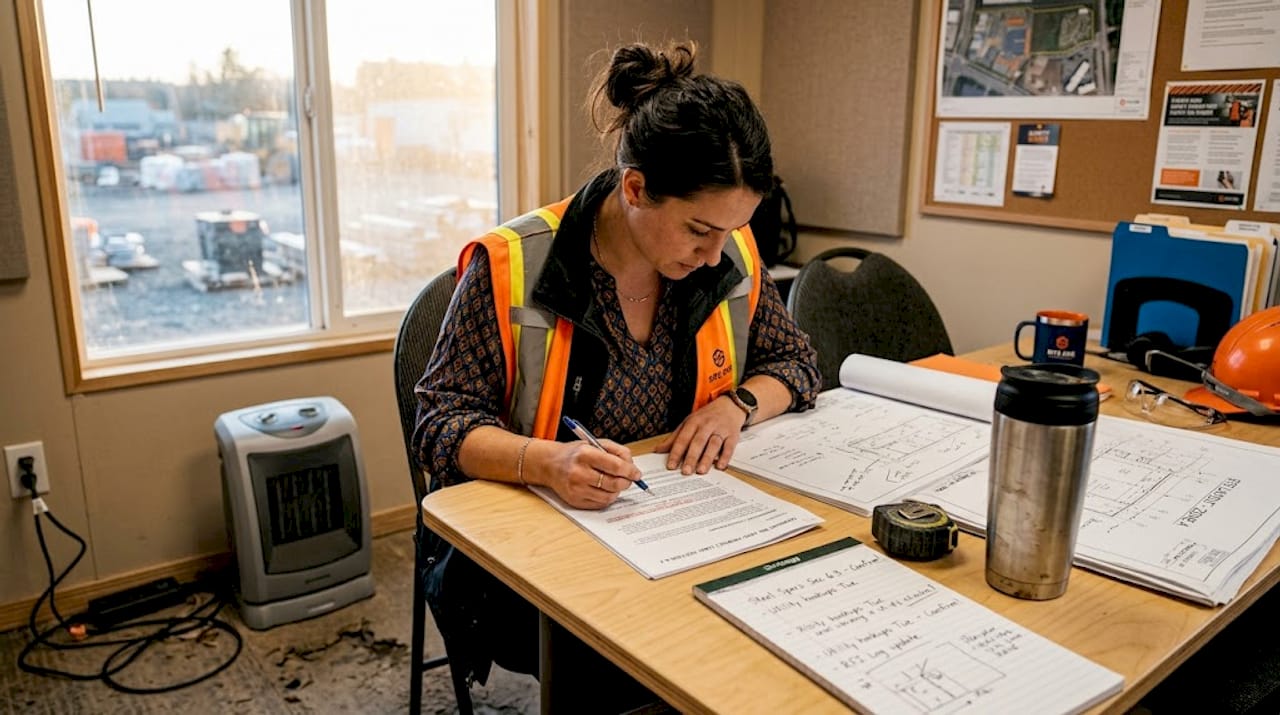 Engineer checking quality specs at site office