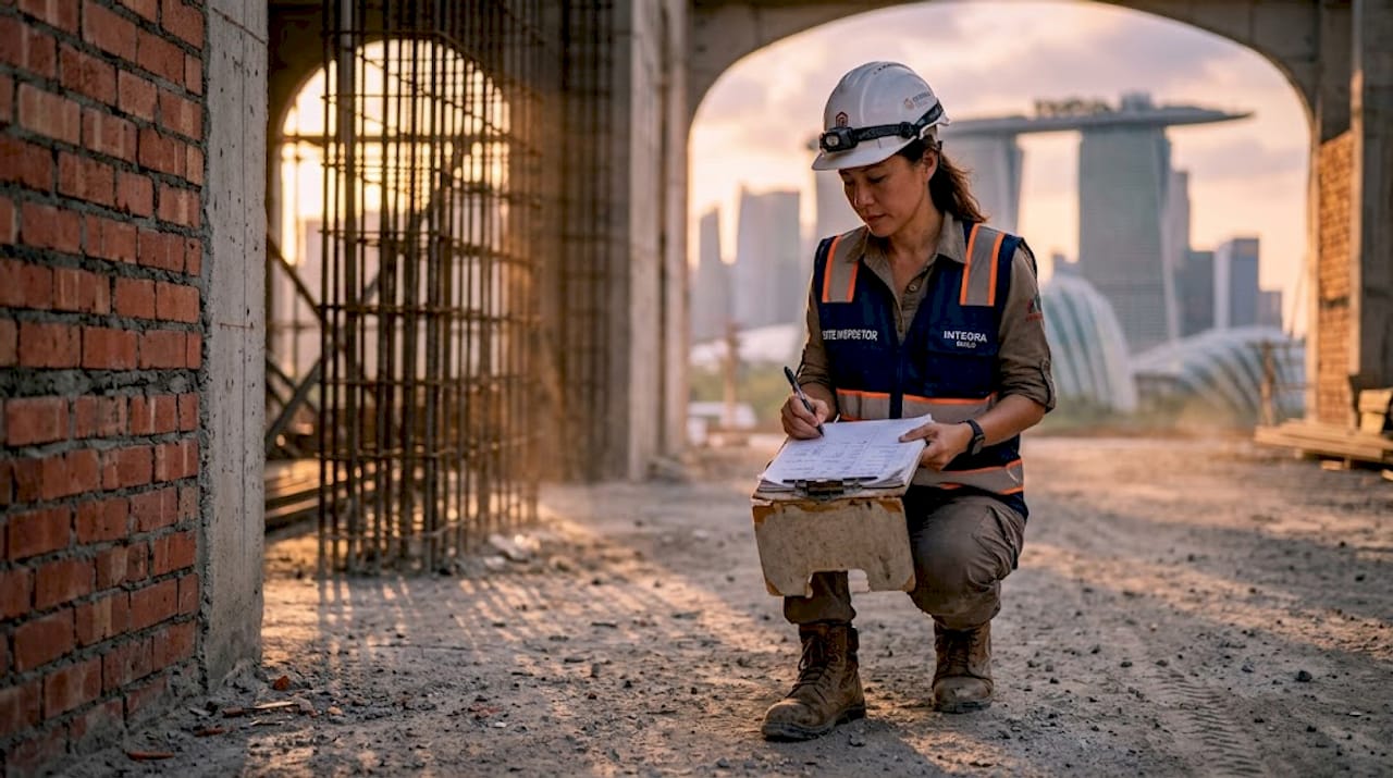 Inspector checking compliance on building site
