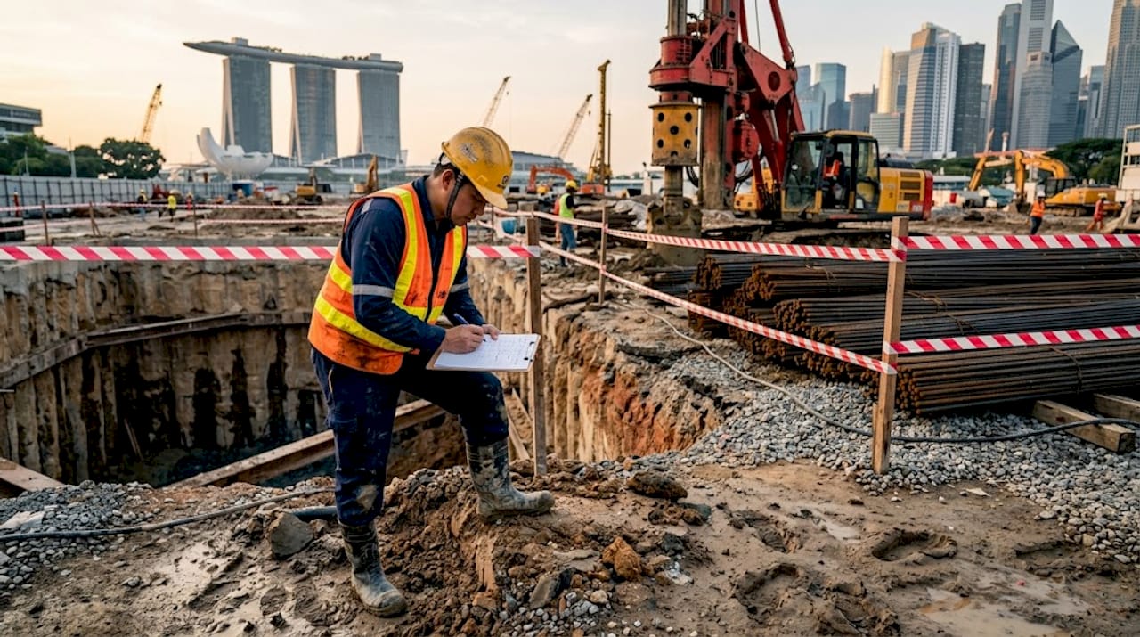 Geotechnical Consultancy: Boost Project Stability in Singapore Engineer inspecting ground conditions at site