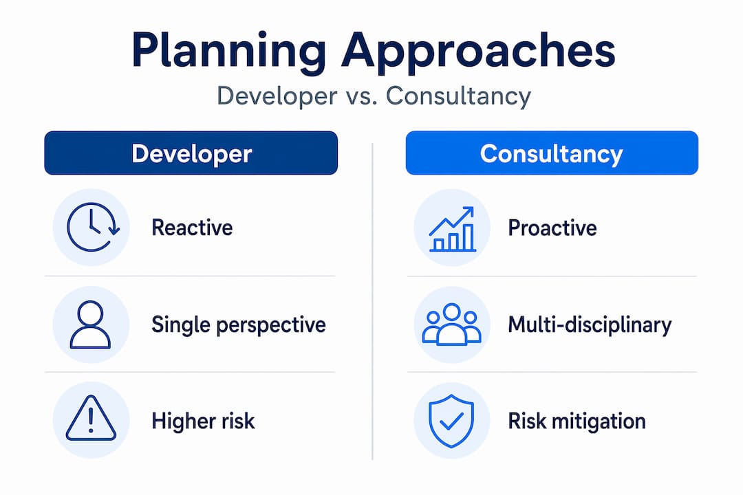 Infographic comparing developer and consultancy planning