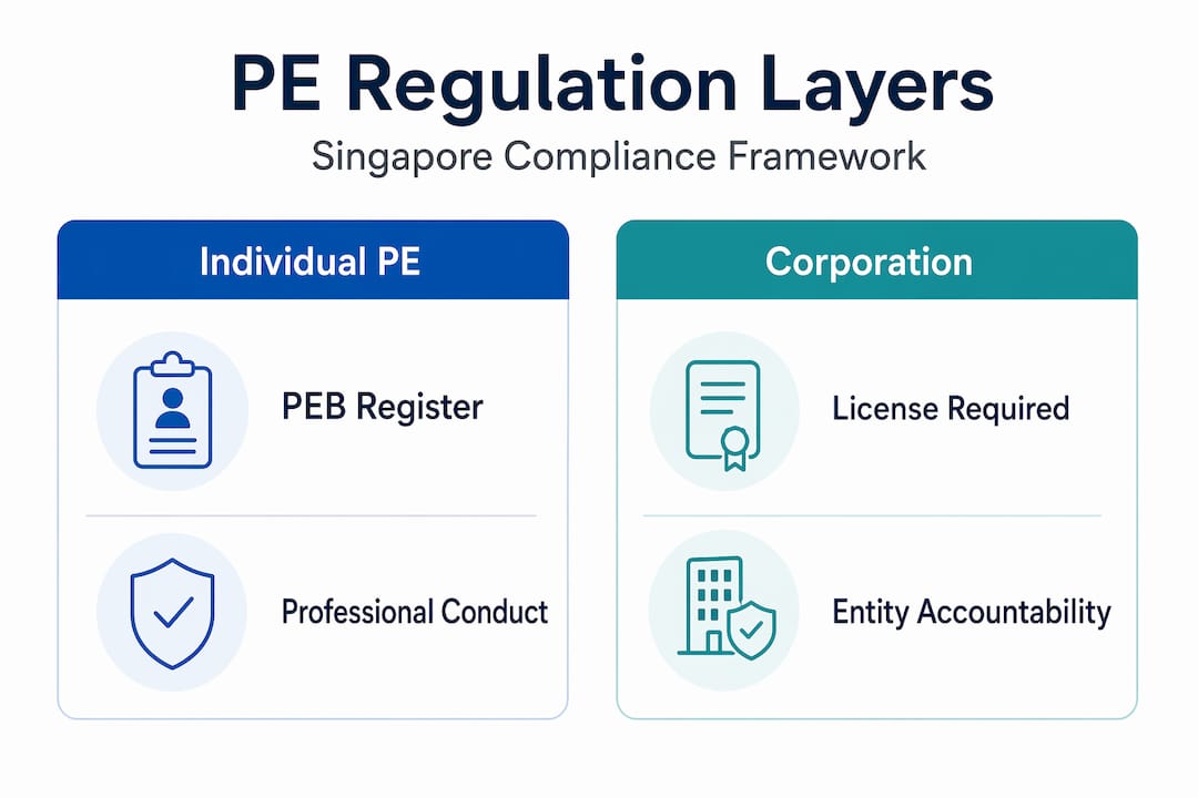 PE compliance in Singapore: what developers must know Infographic comparing PE and corporation regulation layers