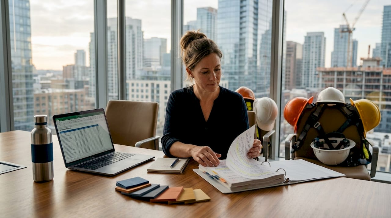 Consultant reviewing compliance binder in office