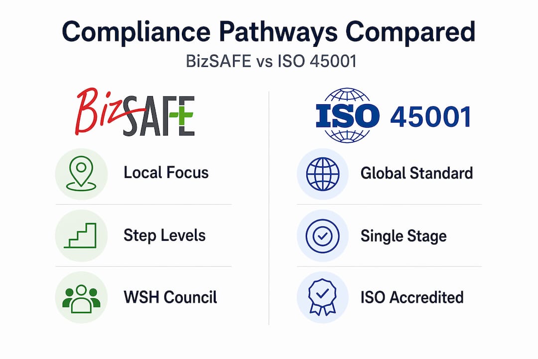 Infographic comparing BizSAFE and ISO compliance pathways