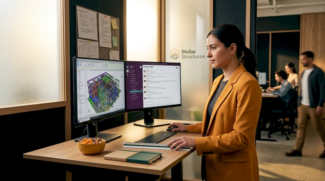 Engineer coordinating BIM model at desk