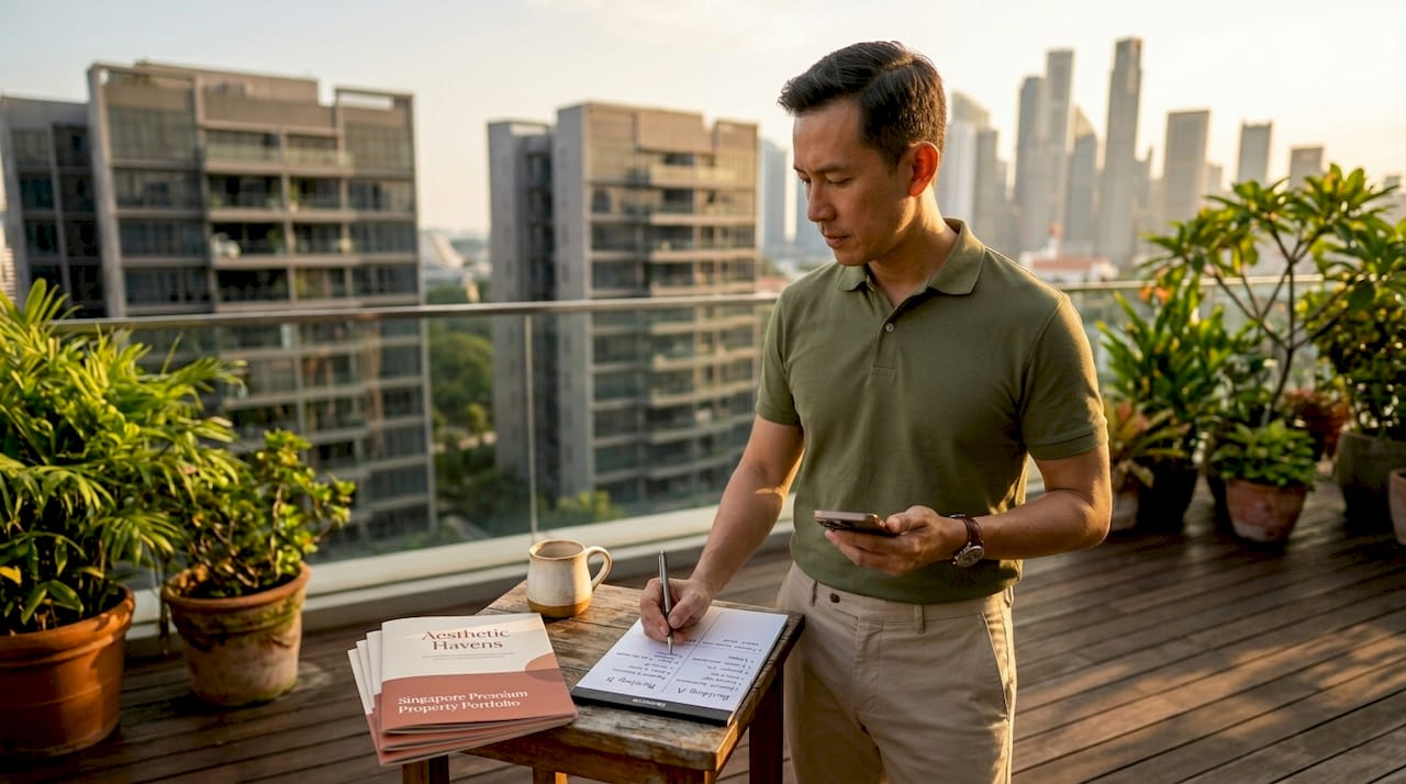 Man compares two condominiums outdoors
