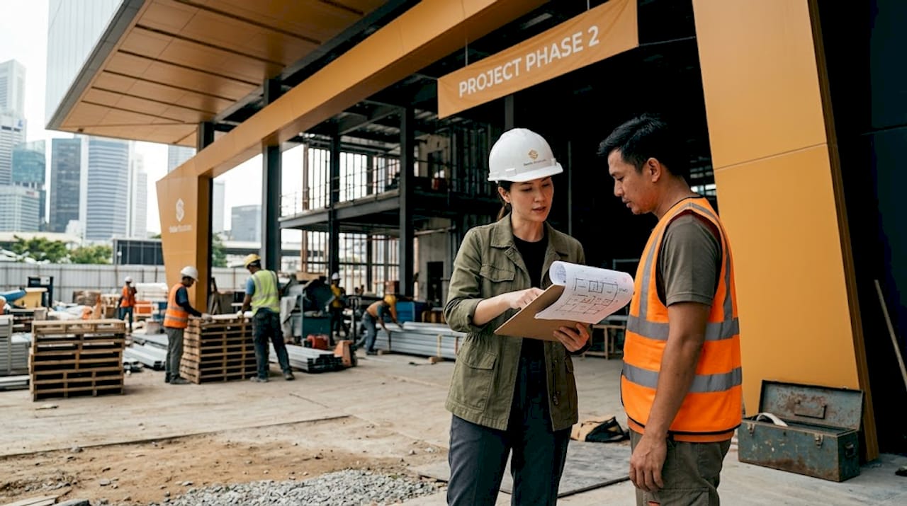 Architect consulting with contractor on construction site