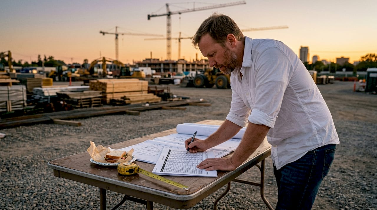 Manager reviewing cost estimates in site trailer