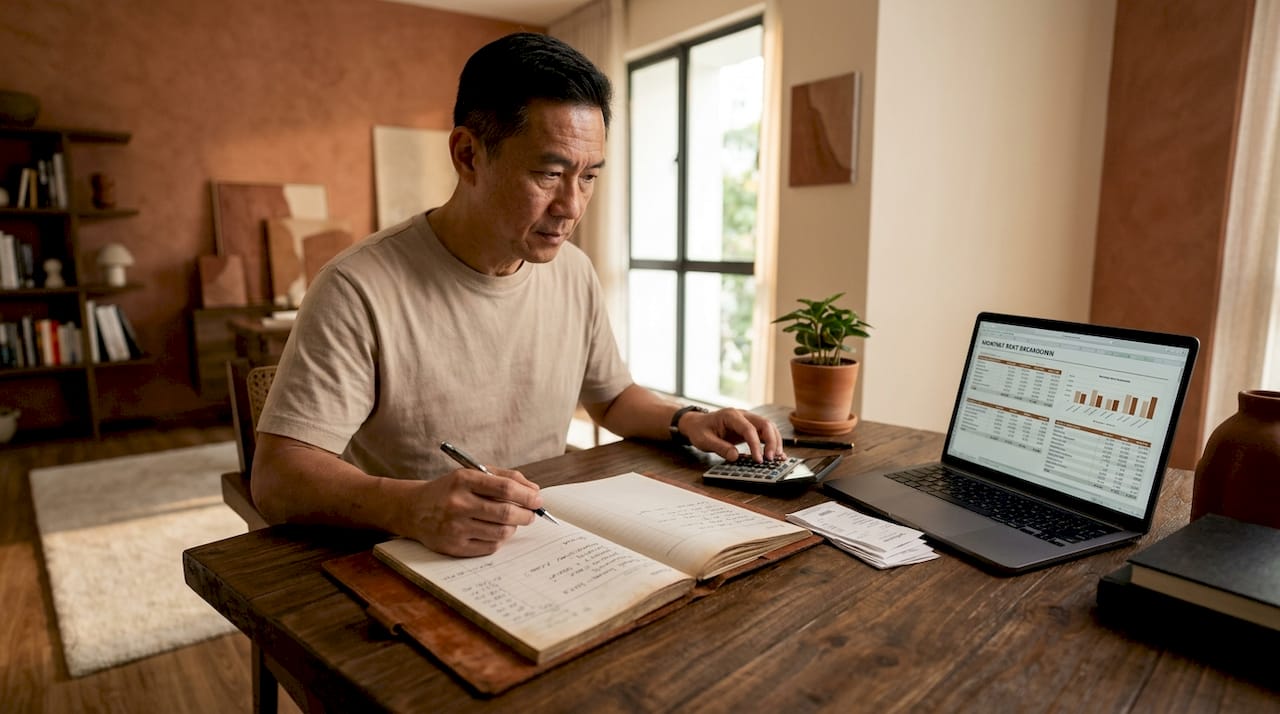Man calculating gross rental income at home desk