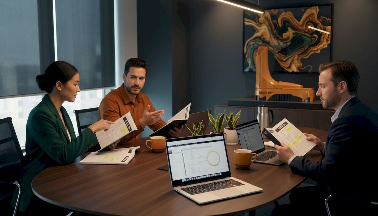 Professionals reviewing contract forms in meeting