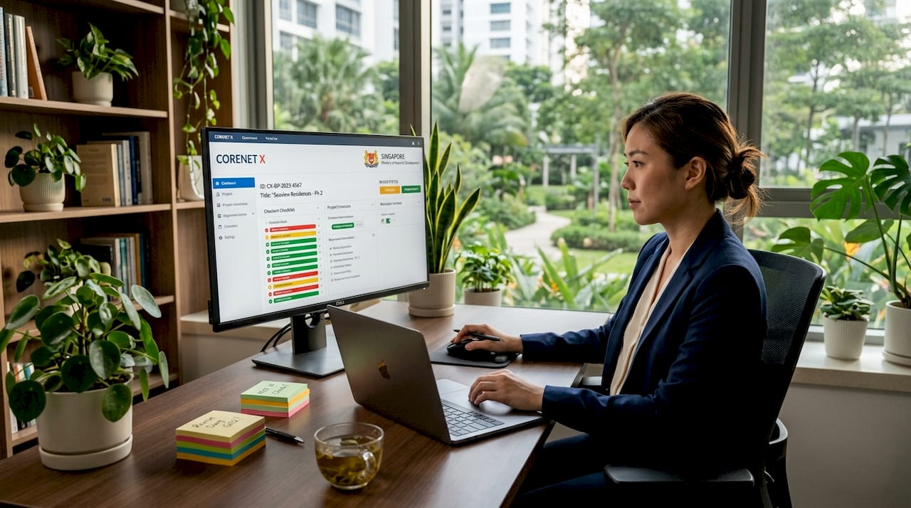 Manager uses digital building approval system at her desk