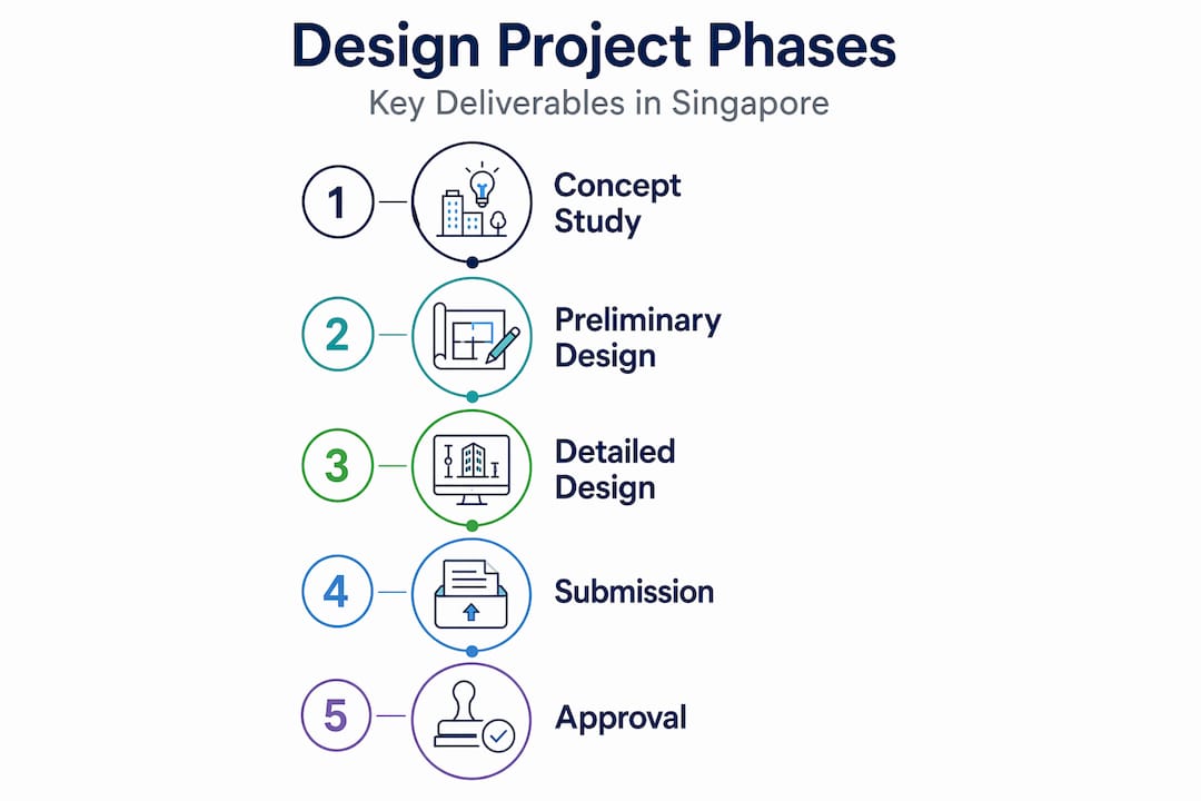 Civil engineering design: A guide for Singapore developers Infographic showing sequence of civil engineering design phases