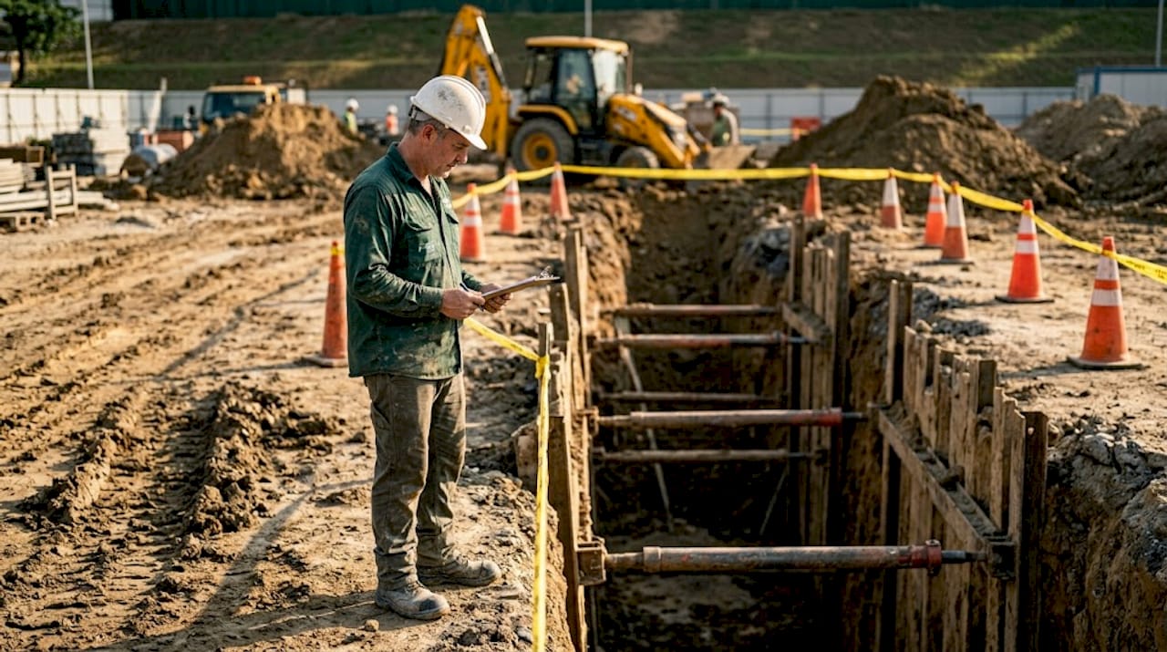 Supervisor inspecting shoring supports for trench