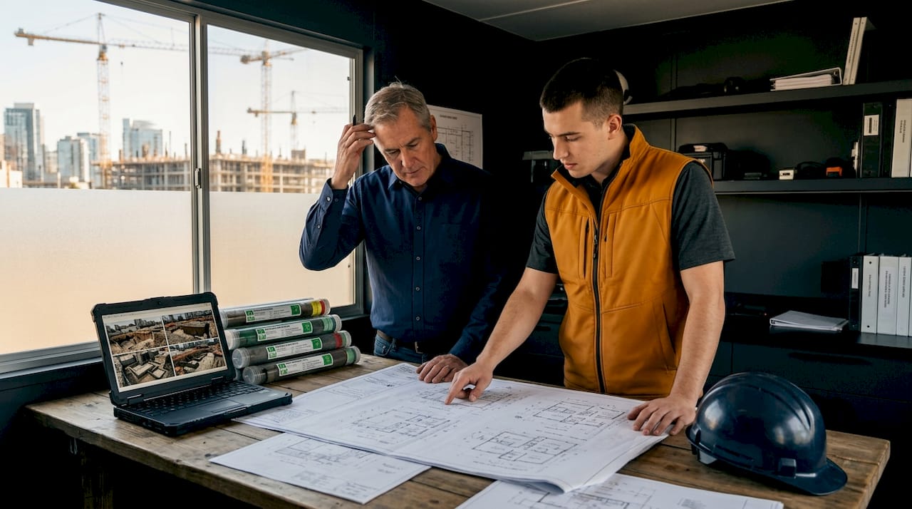 Engineers reviewing foundation plans at site trailer
