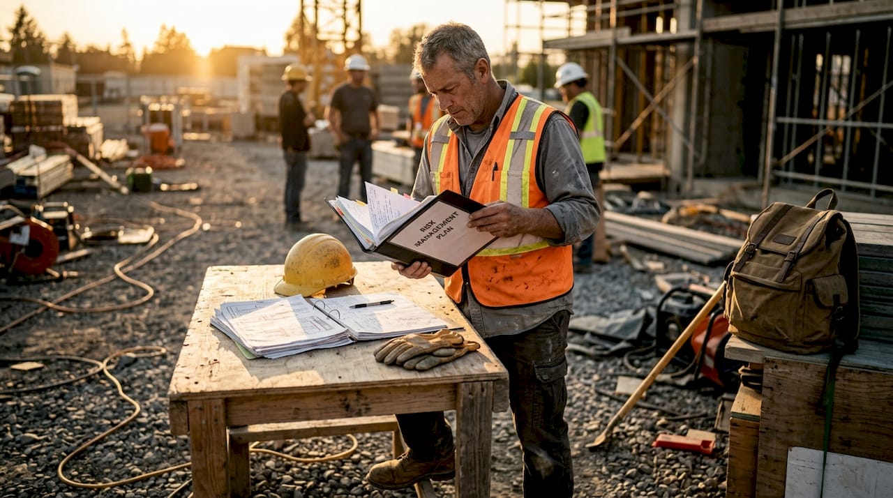 Site supervisor reviewing Risk Management Plan on site