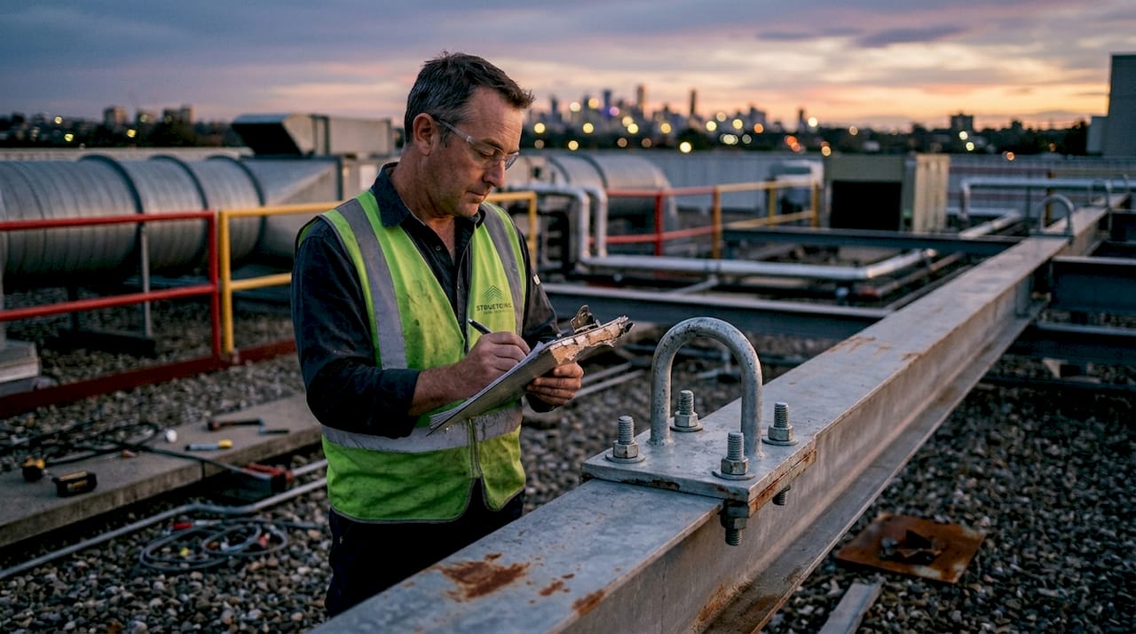 What Is Design for Safety in Construction Projects Engineer examines rooftop safety anchor installation
