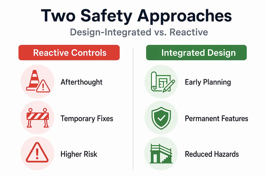 What Is Design for Safety in Construction Projects Infographic comparing reactive and integrated safety