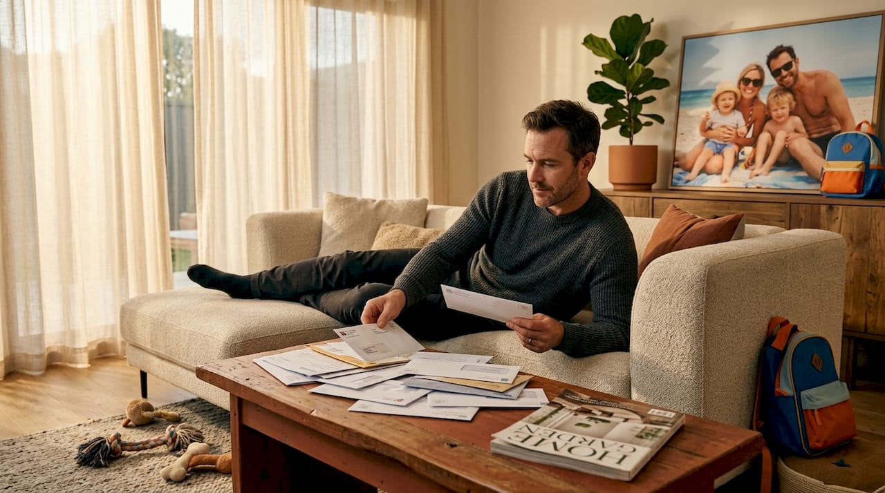 Homeowner sorting mail in suburban living room