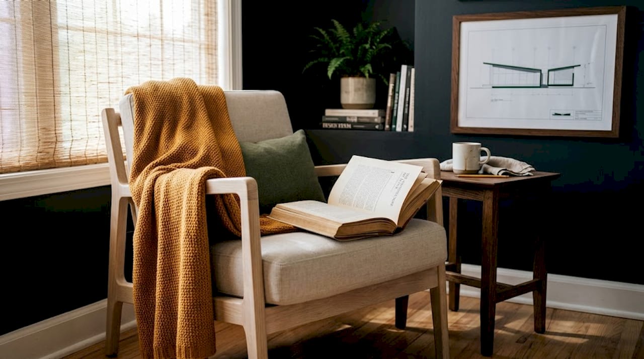 Scandinavian reading nook with cozy details