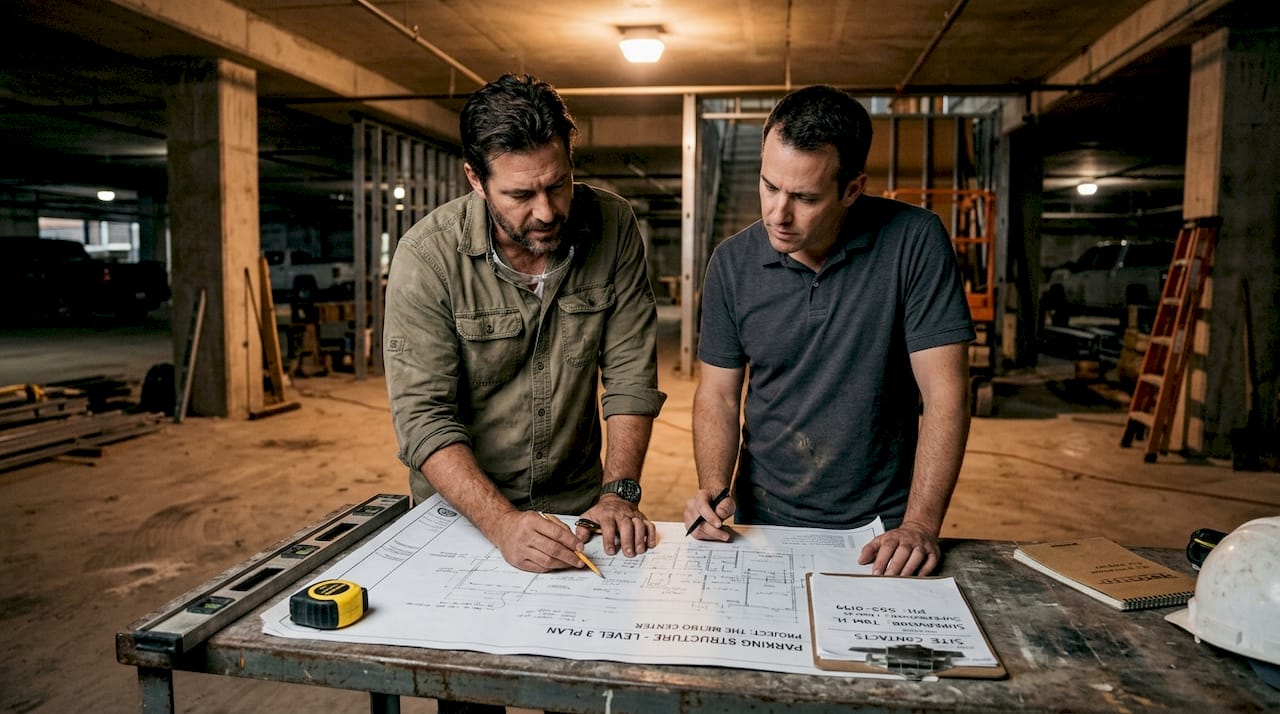 Two professionals discuss blueprint onsite