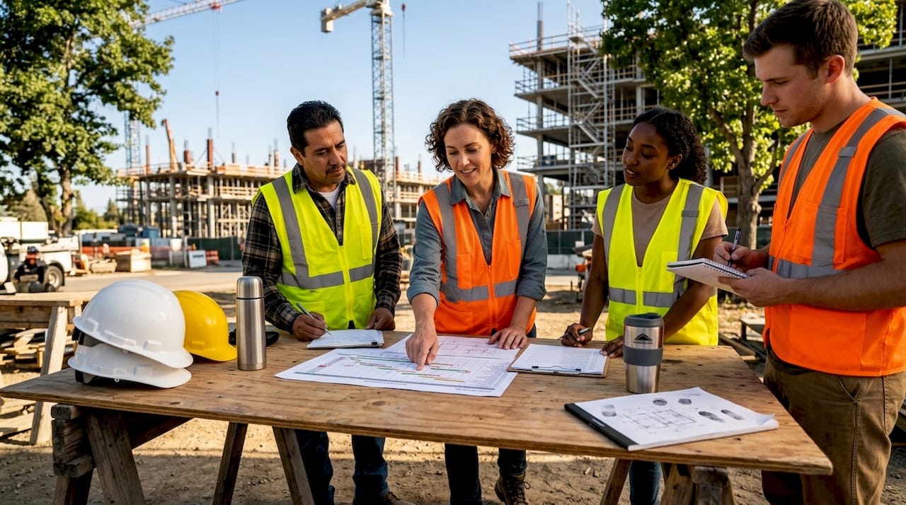 Engineers discuss schedule buffers at site table