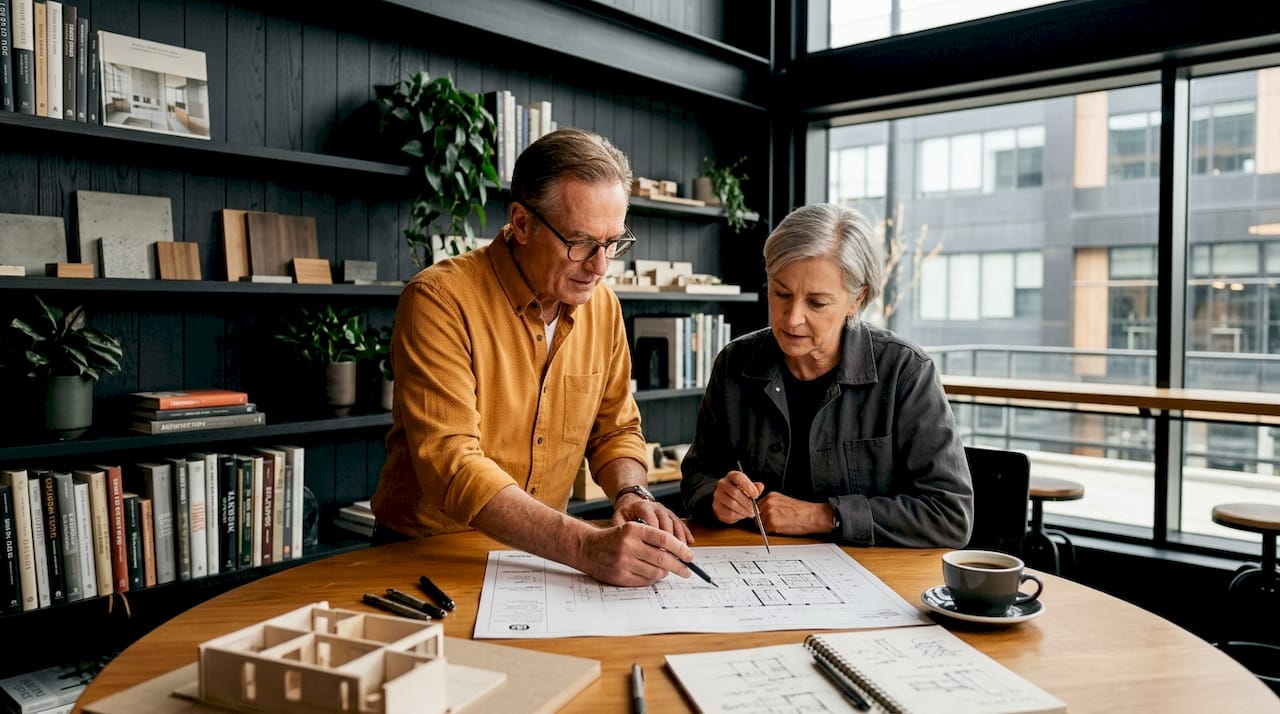 Architect and contractor collaborating at workspace