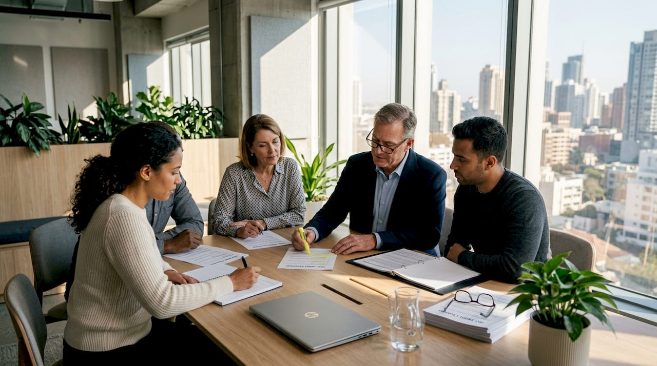 ISO 14001 audit team reviews checklist during meeting