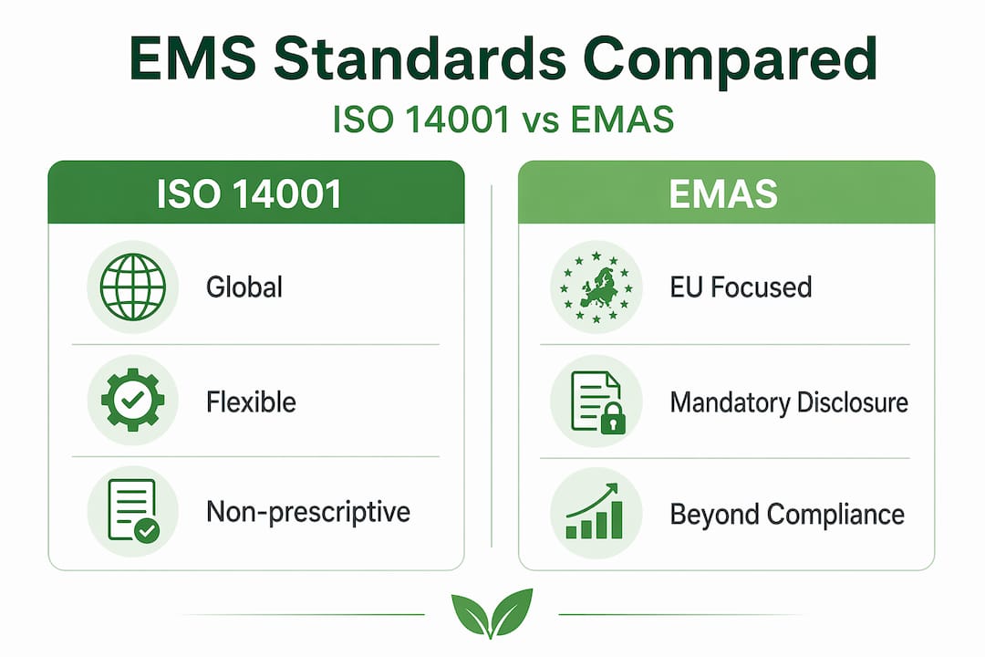 Infographic comparing ISO 14001 and EMAS key features