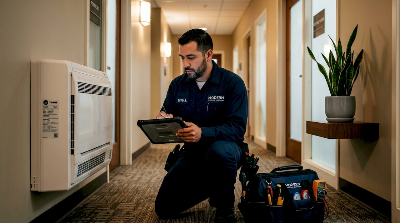 What Is M&E Engineering: A Professional's Guide Technician inspecting HVAC system with tablet