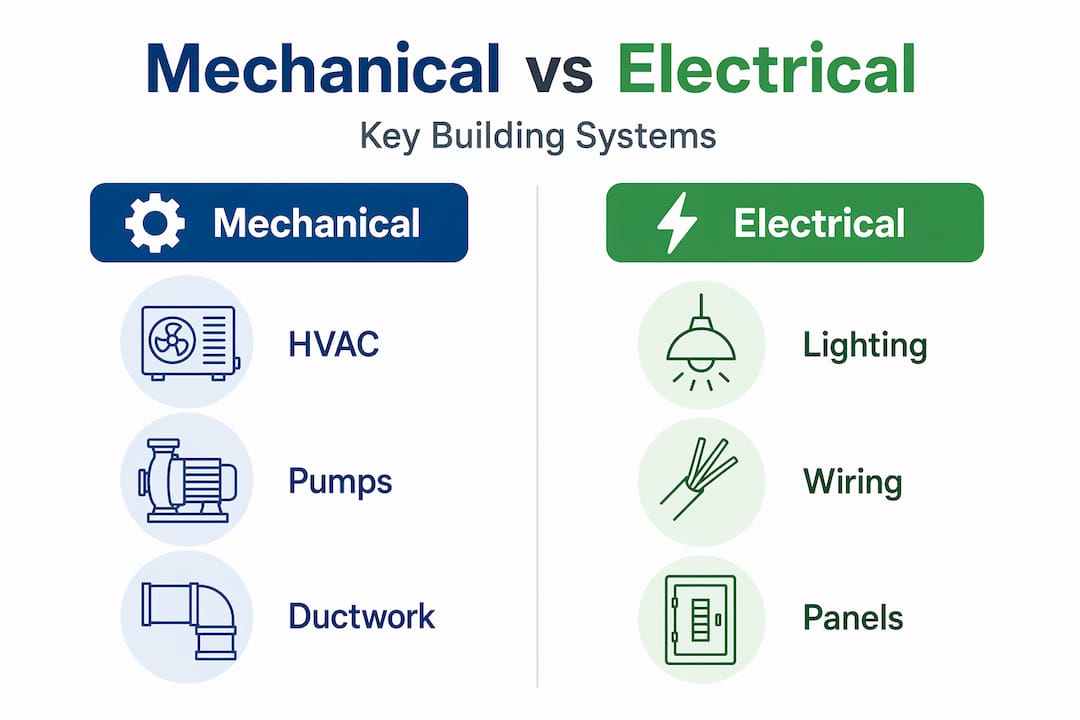 What Is M&E Engineering: A Professional's Guide Infographic comparing mechanical and electrical systems