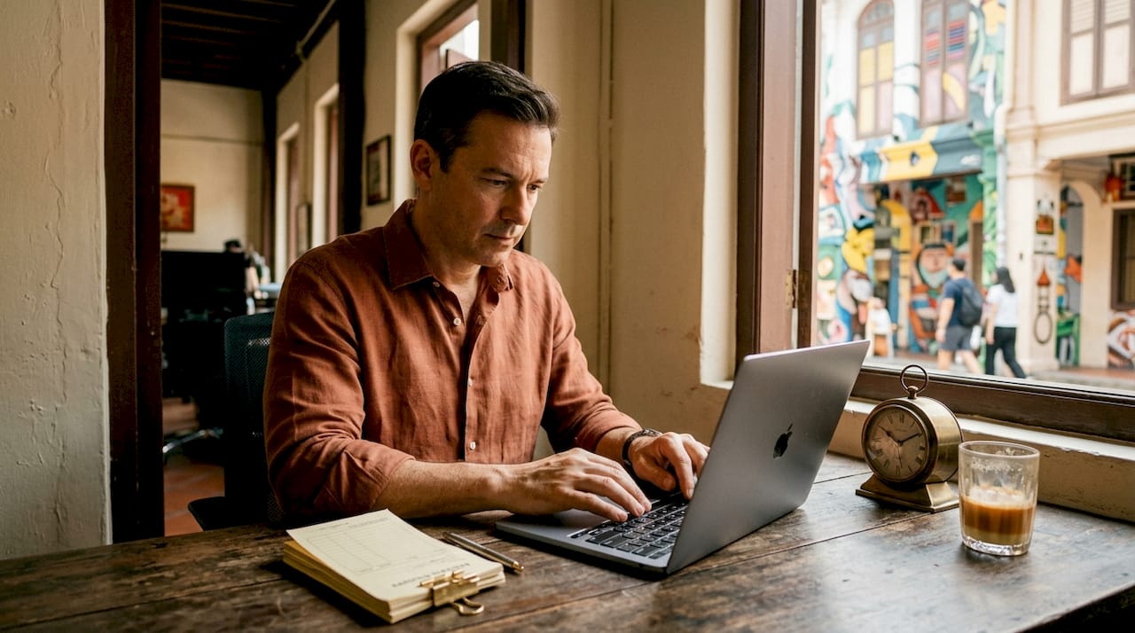 Investor enters numbers at shophouse desk