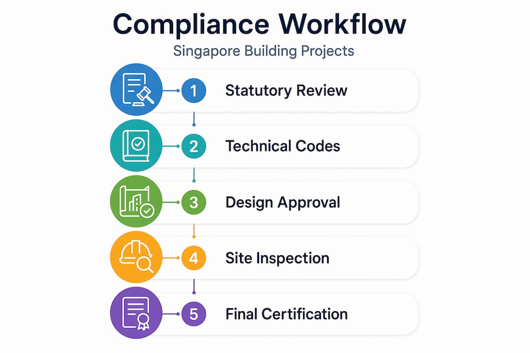 Understanding Building Codes in Singapore: 2026 Guide Infographic with five steps in compliance process