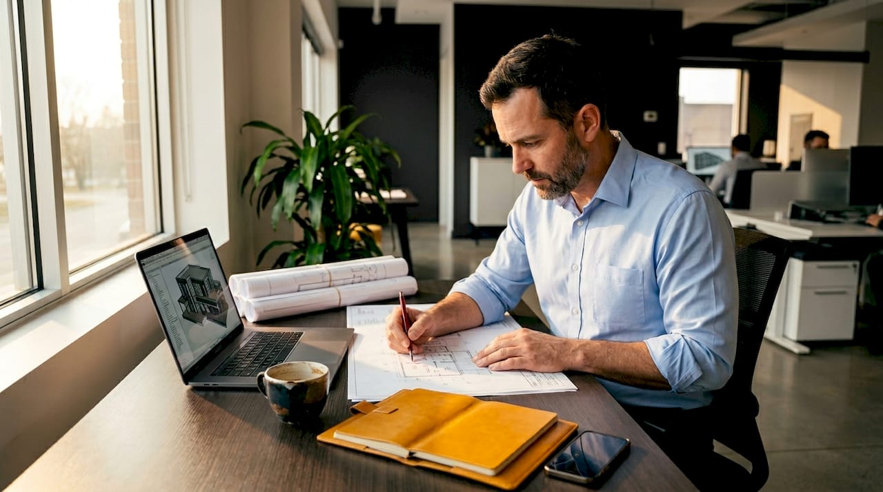 Engineer conducting constructability review at desk