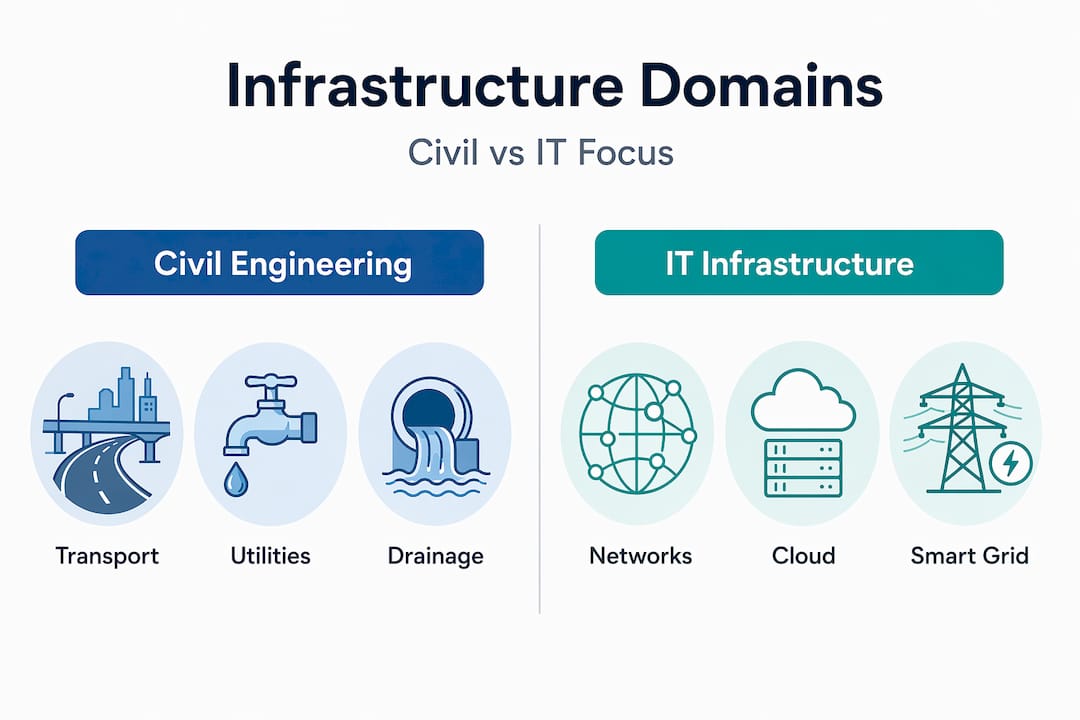 What Is Infrastructure Engineering: A Clear Guide Infographic comparing civil and IT infrastructure domains