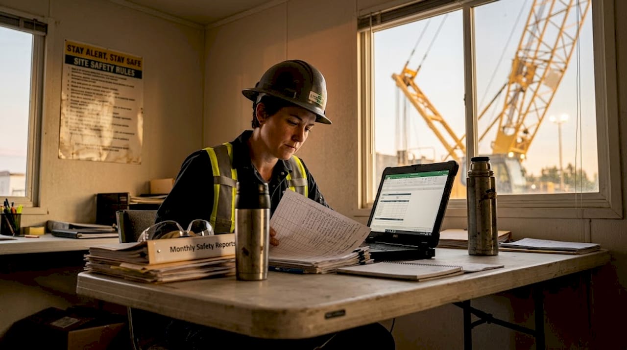 Manager reviewing crane safety inspection records