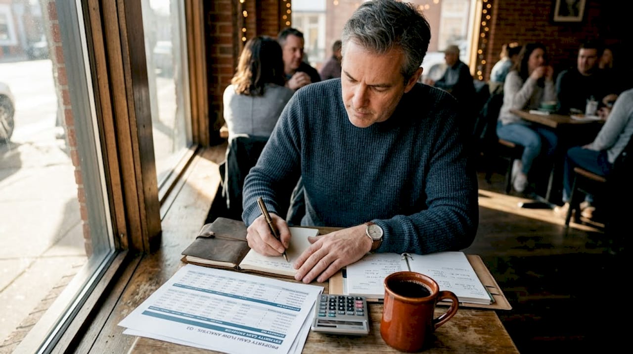 Investor studies property income spreadsheet at desk