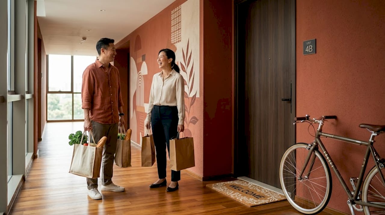 Neighbours chatting outside executive condo unit