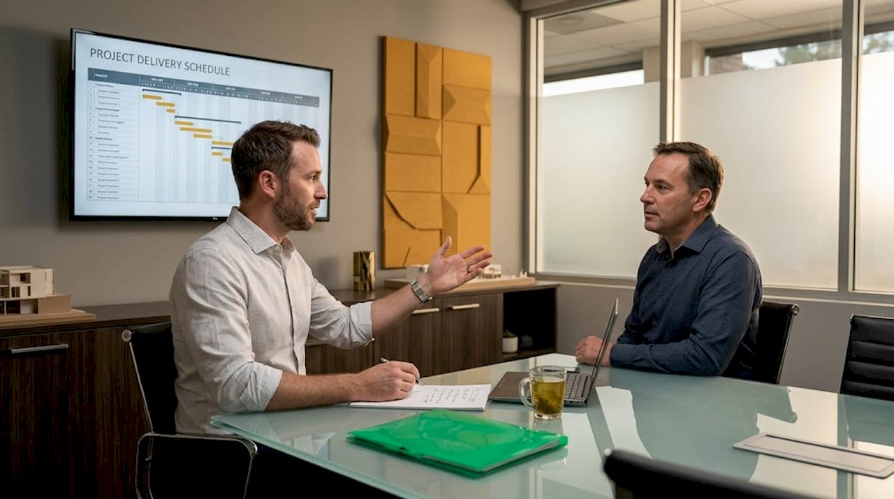 Architect and developer discussing project delivery