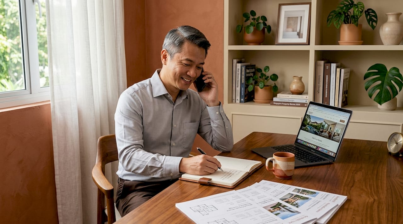 Agent on phone in home office for private listings