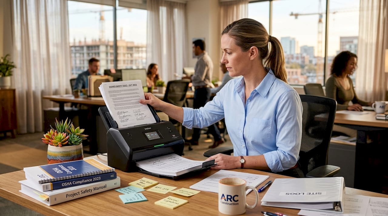 Administrator scanning safety compliance paperwork