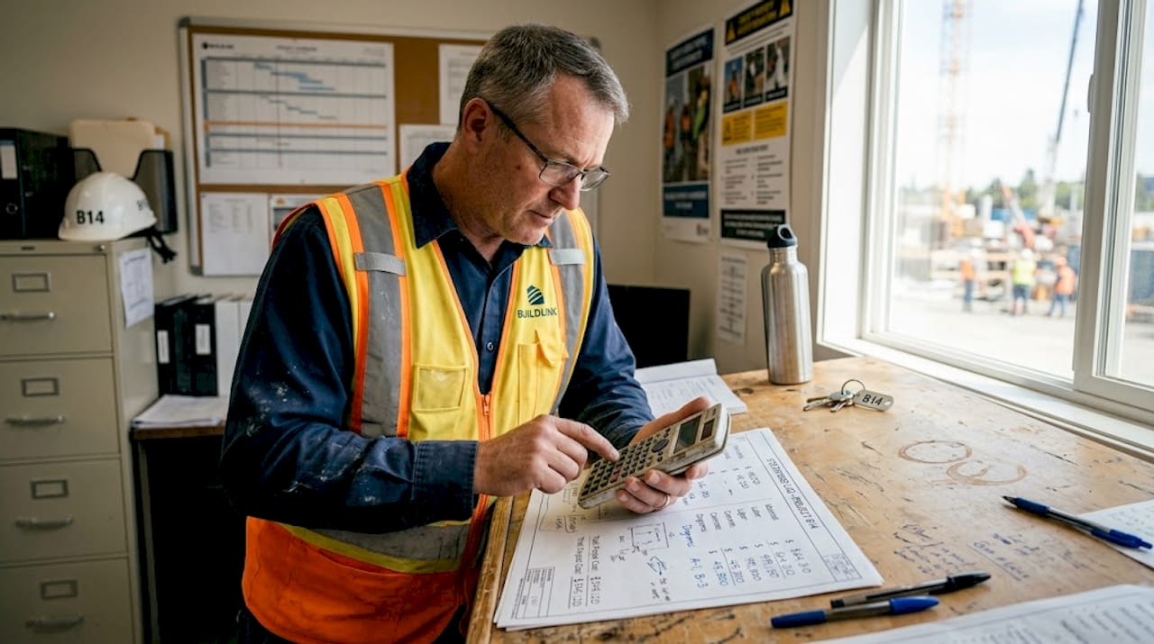 Manager using calculator in site trailer