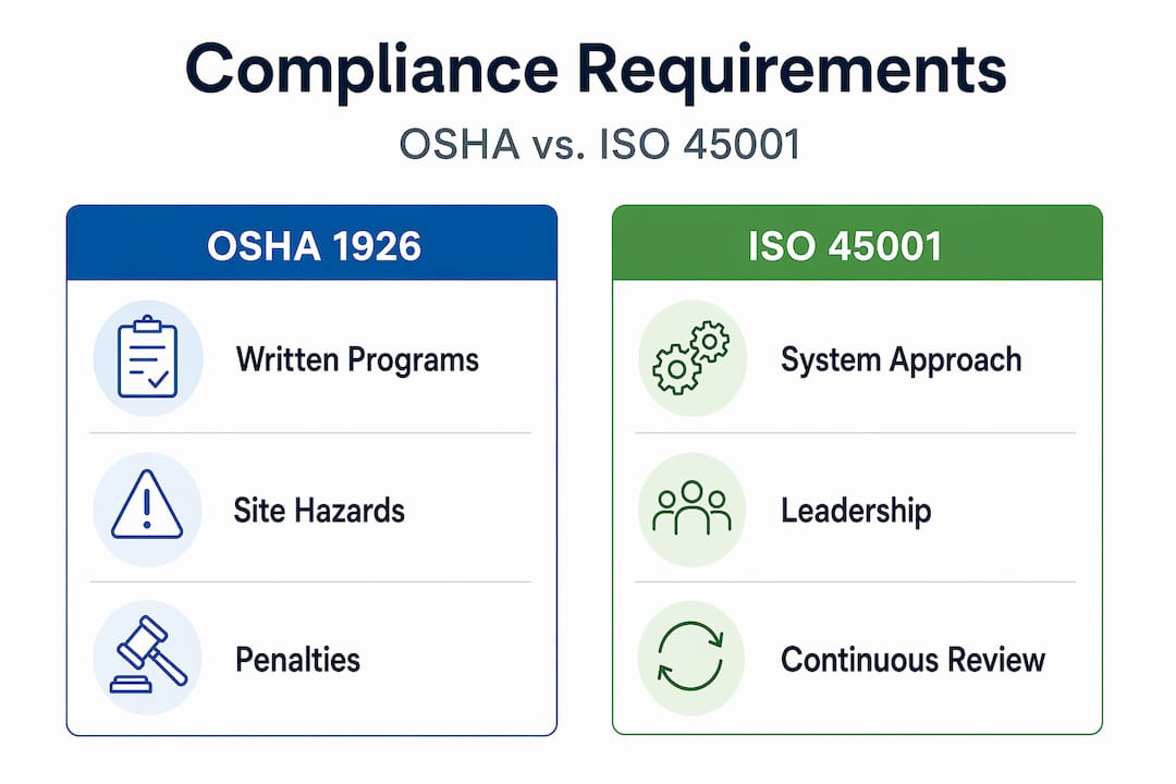 Infographic comparing OSHA 1926 and ISO 45001