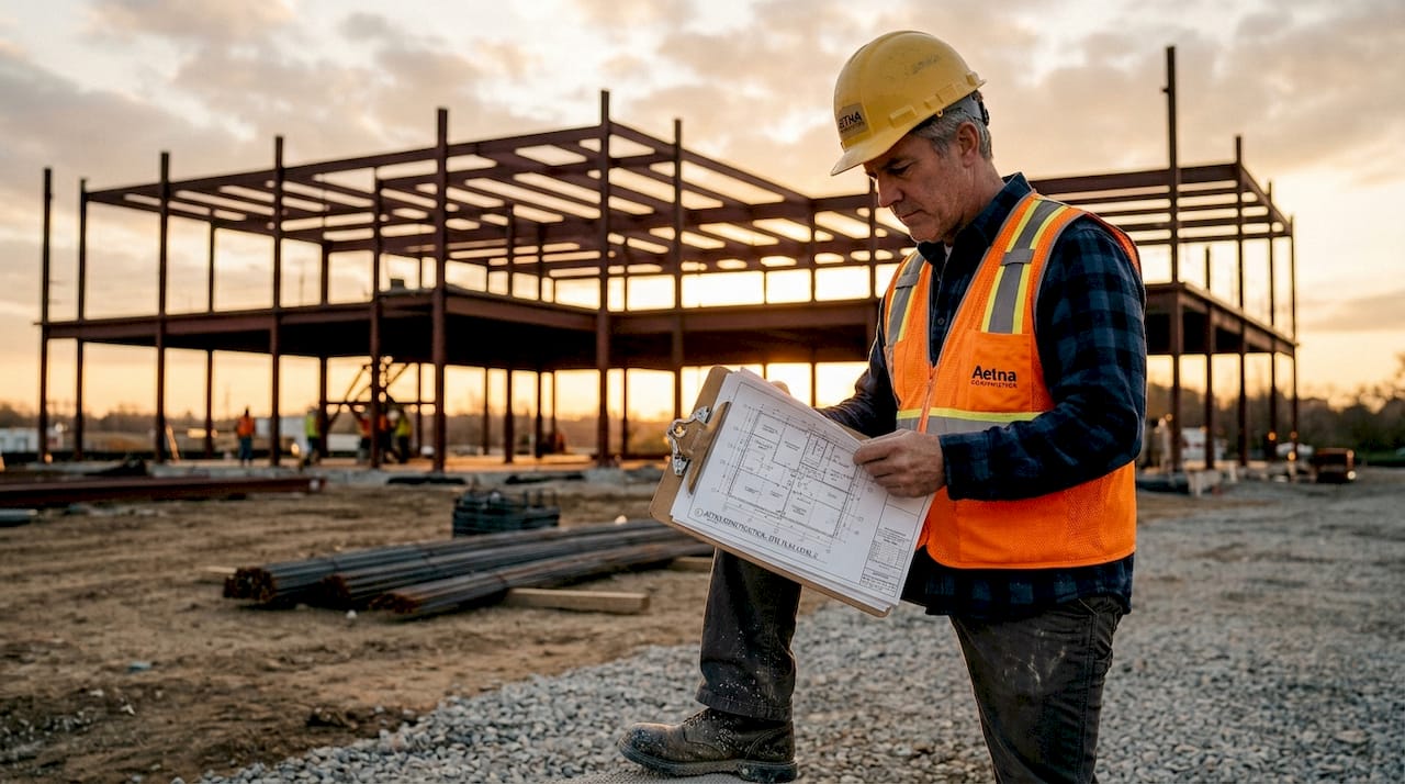 Supervisor checks structural drawings at building site